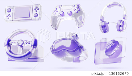 Purple transparent 3D electronic gadget set - glass hologram handheld console, gamepad joystick, car steering wheel game controller, vr glasses, computer mouse for video gamer design. 3D illustration Purple transparent 3D electronic gadget set - glass hologram handheld console, gamepad joystick, car steering wheel game controller, vr glasses, computer mouse for video gamer design. 3D illustration 136162679