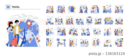 Vector illustration of a couple embarking on a travel adventure, exploring new places with joy. Various scenes depict travel activities like airport check-ins, sightseeing, and beach relaxation. Vector illustration of a couple embarking on a travel adventure, exploring new places with joy. Various scenes depict travel activities like airport check-ins, sightseeing, and beach relaxation. 136163129