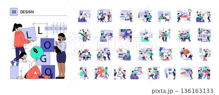 Vector illustration set featuring a collaborative logo design process. Diverse team working together to create innovative designs, discussing, and sketching ideas with enthusiasm. 136163133