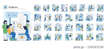 Healthcare vector illustration showing three medical professionals evaluating patient records and data. Emphasizes teamwork in medical diagnostics and patient care in a healthcare setting. Healthcare vector illustration showing three medical professionals evaluating patient records and data. Emphasizes teamwork in medical diagnostics and patient care in a healthcare setting. 136163139