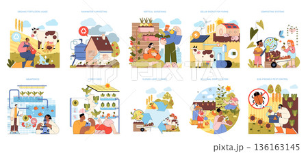 Vector illustration depicting various sustainable farming techniques, including organic fertilizers, aquaponics, vertical gardening, and solar energy usage. Engages with eco-friendly practices. Vector illustration depicting various sustainable farming techniques, including organic fertilizers, aquaponics, vertical gardening, and solar energy usage. Engages with eco-friendly practices. 136163145