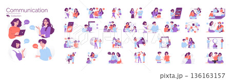 Collection of vector illustrations showing people engaged in various modes of communication and interaction. Diverse settings include digital, face-to-face, and teamwork scenarios. 136163157