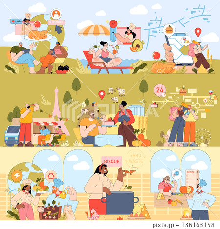 Vibrant vector illustration showcasing various lifestyle activities. Scenes include people relaxing, exploring, producing, and preparing food. Emphasizes leisure, travel, and culinary interests. Vibrant vector illustration showcasing various lifestyle activities. Scenes include people relaxing, exploring, producing, and preparing food. Emphasizes leisure, travel, and culinary interests. 136163158