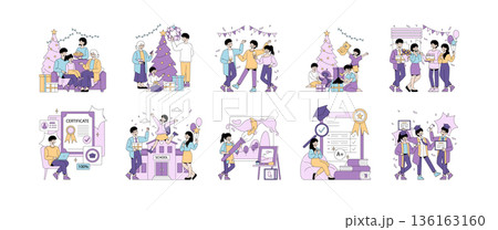 Vector illustration set showing festive family gatherings during holidays and joyful student graduation celebrations. Images feature gift exchanges, decorations, and academic achievements. 136163160