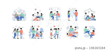 Vector illustration depicting various groups engaging in social activities, relaxation, and conversation. Elements include families, friends, and casual interactions in diverse settings. 136163164