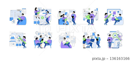 Vector illustration depicting a team collaborating on software development tasks. Team members are engaged in coding, discussing ideas, and analyzing data, emphasizing teamwork and innovation. 136163166