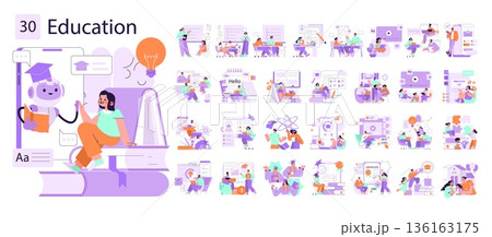Vector illustration of online education featuring a student interacting with a robot tutor on a digital device. Various educational concepts and tools are creatively depicted in the image. Vector illustration of online education featuring a student interacting with a robot tutor on a digital device. Various educational concepts and tools are creatively depicted in the image. 136163175