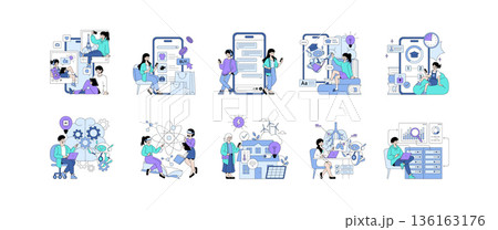 Vector illustration set depicting various technology activities. People engage in online shopping, data analysis, virtual learning, and AI interaction, highlighting digital innovation. 136163176