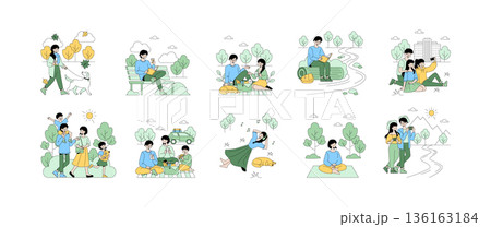Vector illustration set depicting various family and leisure activities in a park. Scenes include families walking, reading, picnicking, and enjoying nature, conveying relaxation and joy. 136163184