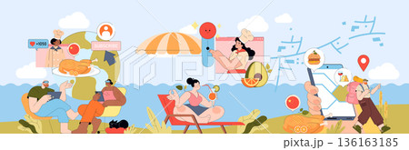 Vector illustration showing people enjoying summer activities like lounging and hiking while interacting with social media on devices. Relaxed, engaged, and connected atmosphere. 136163185