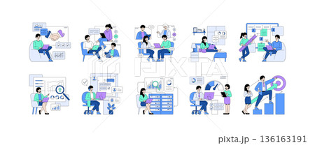 Vector illustration set showcasing diverse office team collaboration, featuring professionals in various work situations. Includes teamwork, data analysis, project planning, and business growth Vector illustration set showcasing diverse office team collaboration, featuring professionals in various work situations. Includes teamwork, data analysis, project planning, and business growth 136163191