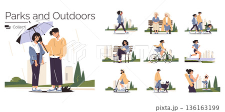 Vector illustration depicting various outdoor activities in a park setting. Includes people walking, biking, jogging, and relaxing under umbrellas. Perfect for lifestyle and leisure themes. Vector illustration depicting various outdoor activities in a park setting. Includes people walking, biking, jogging, and relaxing under umbrellas. Perfect for lifestyle and leisure themes. 136163199
