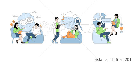 Vector illustration depicting a psychotherapy session with two individuals engaged in conversation. The therapist is attentive, fostering a supportive environment focused on mental well-being. Vector illustration depicting a psychotherapy session with two individuals engaged in conversation. The therapist is attentive, fostering a supportive environment focused on mental well-being. 136163201