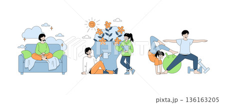 Vector illustration depicting relaxation, gardening, and exercise. Individuals are shown meditating on a couch, enjoying tea near flowers, and engaging in fitness activities together. 136163205