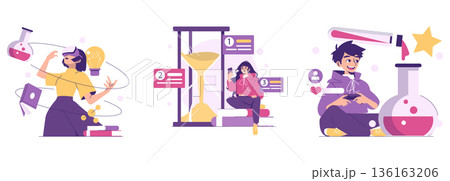 Vector illustration of creative experimentation featuring individuals engaging with virtual reality, organizing tasks with a timer, and innovating in a scientific environment. 136163206