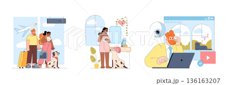 Vector illustration of a family with a dog at the airport, preparing for a flight. Another scene shows a woman and dog by a window, while a man works on a laptop, with a cat sleeping nearby. Vector illustration of a family with a dog at the airport, preparing for a flight. Another scene shows a woman and dog by a window, while a man works on a laptop, with a cat sleeping nearby. 136163207