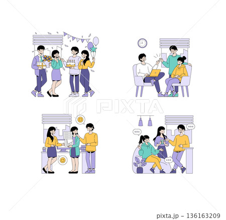 Vector illustrations of people engaging in group celebrations and meetings. Scenes show joyful gatherings, collaborative work, and social chats, capturing various emotions and interactions. Vector illustrations of people engaging in group celebrations and meetings. Scenes show joyful gatherings, collaborative work, and social chats, capturing various emotions and interactions. 136163209