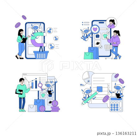 Vector illustration depicting people interacting with AI for online shopping and data analytics. Features virtual assistants aiding in decision-making and data visualization. 136163211