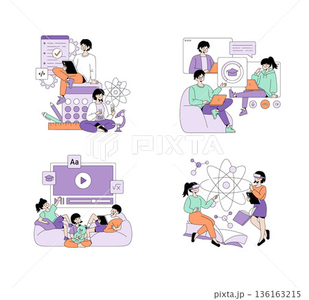 Vector illustration showcasing diverse online learning scenes with family interaction. Displays people engaging with technology, studying materials, and using virtual reality for education. Vector illustration showcasing diverse online learning scenes with family interaction. Displays people engaging with technology, studying materials, and using virtual reality for education. 136163215