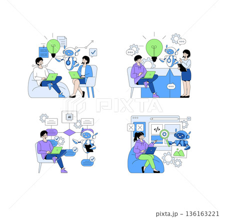 Vector illustration depicting people interacting with AI technology. They work together on laptops and tablets, exchanging ideas and collaborating on innovative solutions. 136163221