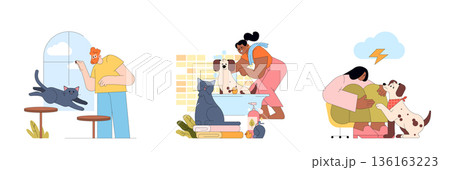 Vector illustration showing a playful puppy enjoying a bath, a curious cat watching with amusement, and a dog being comforted during a thunderstorm. Captures joy and comfort in pet interactions. 136163223