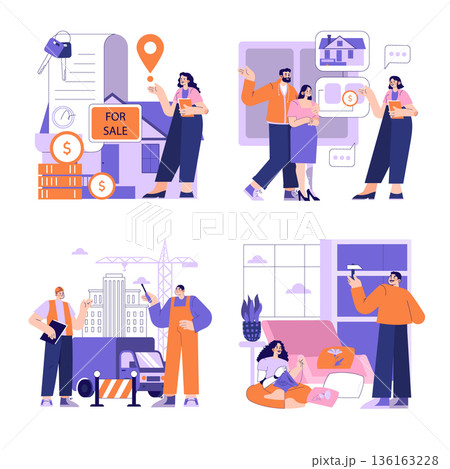 Vector illustration set depicting real estate activities including house purchase, construction planning, and home improvement tasks. Ideal for realty and home renovation themes. 136163228