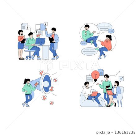 Vector illustration depicting teamwork in a business setting. Colleagues discuss projects, analyze data, and engage in brainstorming sessions, showcasing effective communication and cooperation. 136163238