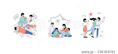 Vector illustrations depict a family enjoying various leisure activities. Scenes include a picnic with drinks, playing with children and toys, and a couple joyfully dancing outdoors. 136163242