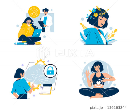 Set of four vector illustrations depicting wellness themes. Includes meditation, mental health consultation, natural beauty, and cognitive security concepts, emphasizing mindfulness and serenity. Set of four vector illustrations depicting wellness themes. Includes meditation, mental health consultation, natural beauty, and cognitive security concepts, emphasizing mindfulness and serenity. 136163244