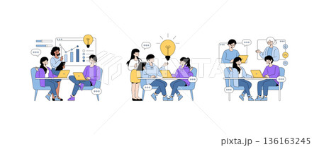 Vector illustration showcasing team collaboration in a modern workspace. Individuals brainstorm ideas, work with laptops and graphs, and engage in online communication to enhance creativity. 136163245