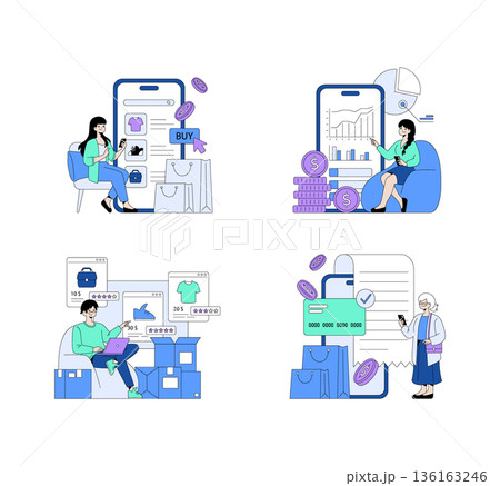 Vector illustration depicting people engaging in online shopping and financial transactions via mobile devices. Scenes include selecting products, payment processing, and analyzing financial data. Vector illustration depicting people engaging in online shopping and financial transactions via mobile devices. Scenes include selecting products, payment processing, and analyzing financial data. 136163246