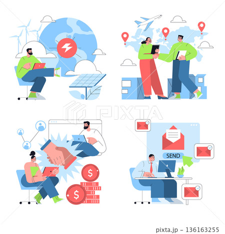 Vector illustration set featuring business and technology themes. Includes renewable energy, global teamwork, digital transactions, and email communication, highlighting modern business concepts. Vector illustration set featuring business and technology themes. Includes renewable energy, global teamwork, digital transactions, and email communication, highlighting modern business concepts. 136163255