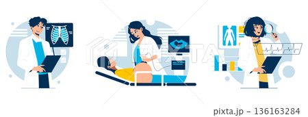 Medical professionals engaged in diagnostics, depicted in a vector illustration, showcasing activities like analyzing X-rays, performing ultrasounds, and evaluating ECGs. Emphasis on modern healthcare Medical professionals engaged in diagnostics, depicted in a vector illustration, showcasing activities like analyzing X-rays, performing ultrasounds, and evaluating ECGs. Emphasis on modern healthcare 136163284