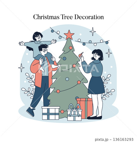 Family joyfully decorating a Christmas tree with ornaments and festive lights. A parent holds a child on their shoulders, creating a warm holiday scene with gifts nearby. Vector illustration. 136163293