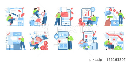 Collection of vector illustrations showing diverse financial transactions and analysis. Scenes include mobile payments, cryptocurrency exchanges, ATM withdrawals, and digital banking security. Collection of vector illustrations showing diverse financial transactions and analysis. Scenes include mobile payments, cryptocurrency exchanges, ATM withdrawals, and digital banking security. 136163295