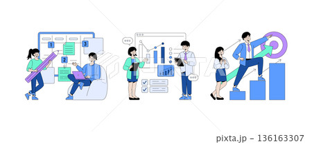 Business team collaborating on project planning, analyzing charts, and achieving goals. Vector illustration depicting teamwork, strategy development, and success in business tasks. 136163307