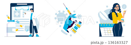 Vector illustration showcasing healthcare and vaccination themes. Depicts a pharmacist with medication, a hand holding a syringe, and a woman tracking medication schedule on a calendar. Vector illustration showcasing healthcare and vaccination themes. Depicts a pharmacist with medication, a hand holding a syringe, and a woman tracking medication schedule on a calendar. 136163327