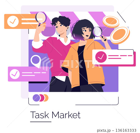 Vector illustration of two people examining the concept of a task market using magnifying glasses, surrounded by task lists and location markers, symbolizing analysis and decision-making. 136163333