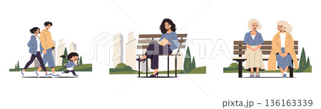 Vector illustration showcasing people enjoying various activities in a park. A family walks together, a woman reads on a bench, and two friends engage in conversation, conveying a lively park Vector illustration showcasing people enjoying various activities in a park. A family walks together, a woman reads on a bench, and two friends engage in conversation, conveying a lively park 136163339