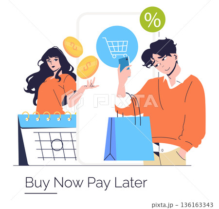 Vector illustration depicting the concept of 'Buy Now Pay Later'. A woman juggling coins next to a calendar, and a man shopping with a smartphone, symbolizing modern payment methods. Vector illustration depicting the concept of 'Buy Now Pay Later'. A woman juggling coins next to a calendar, and a man shopping with a smartphone, symbolizing modern payment methods. 136163343