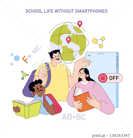 Vector illustration of students engaging with books and discussions, featuring a globe and educational symbols. Captures a lively school environment without smartphones. 136163347