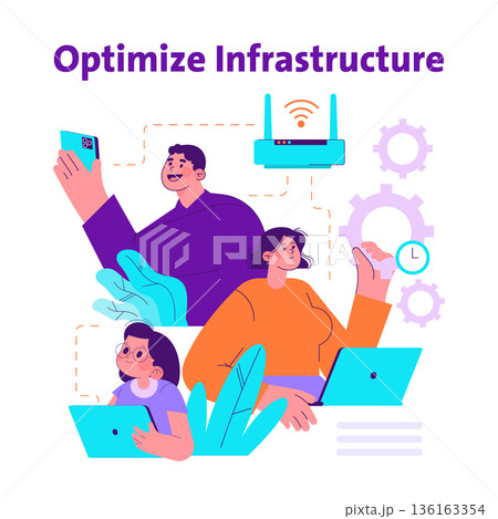 Vector illustration showing a group using technology to optimize infrastructure. Depicts teamwork and collaboration with tech devices, gears, and a router symbolizing connectivity. Vector illustration showing a group using technology to optimize infrastructure. Depicts teamwork and collaboration with tech devices, gears, and a router symbolizing connectivity. 136163354