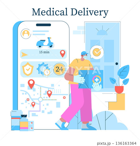 Medical delivery service vector illustration depicting a masked courier delivering a package with a medical symbol. A smartphone app interface displays delivery tracking features. Medical delivery service vector illustration depicting a masked courier delivering a package with a medical symbol. A smartphone app interface displays delivery tracking features. 136163364