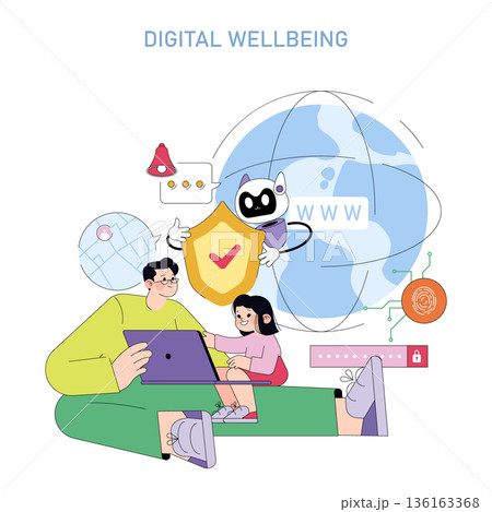 Vector illustration of adults and children engaging with digital devices, focusing on digital wellbeing. A robot character emphasizing internet safety with a globe and security symbols. Vector illustration of adults and children engaging with digital devices, focusing on digital wellbeing. A robot character emphasizing internet safety with a globe and security symbols. 136163368