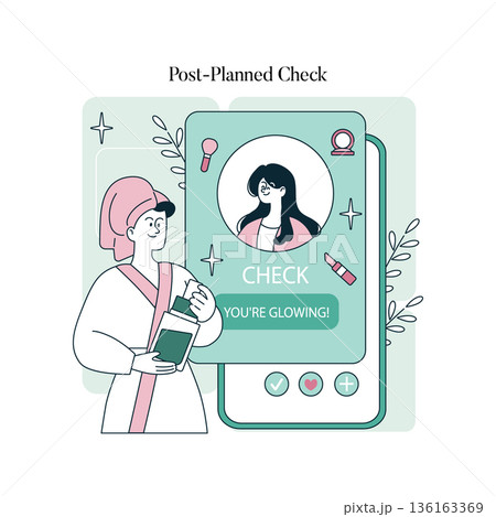 Vector illustration of a woman engaging in a skincare routine. She reviews her glowing results on a digital device, highlighting self-care and glowing skin in a modern setting. 136163369