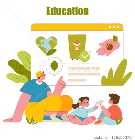 Vector illustration depicting an educational scene with an adult and children engaging in an outdoor learning activity. Emphasizes environmental awareness and interactive learning. Vector illustration depicting an educational scene with an adult and children engaging in an outdoor learning activity. Emphasizes environmental awareness and interactive learning. 136163370