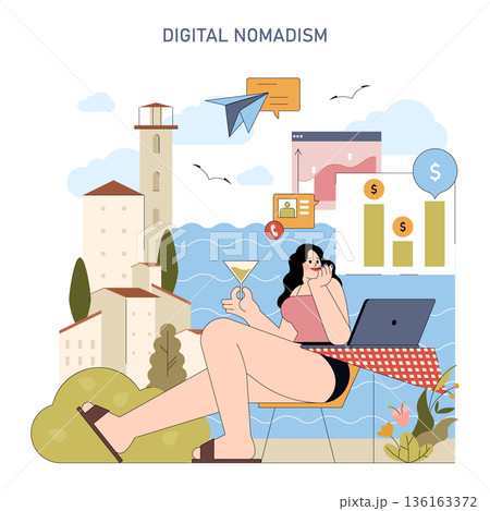 Vector illustration of a woman embracing digital nomadism. She's seated with a laptop, enjoying a cocktail, surrounded by symbols of remote work and scenic views. Ideal for lifestyle, travel, and Vector illustration of a woman embracing digital nomadism. She's seated with a laptop, enjoying a cocktail, surrounded by symbols of remote work and scenic views. Ideal for lifestyle, travel, and 136163372