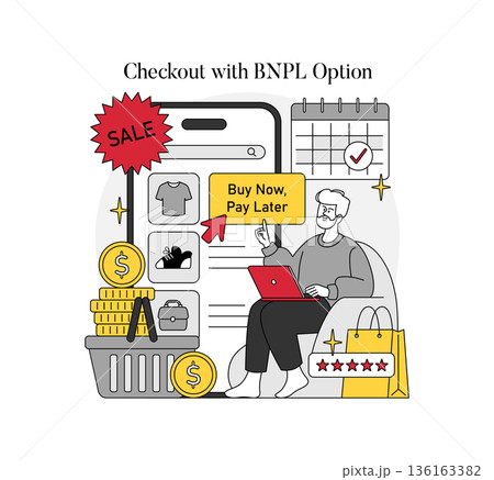 Vector illustration of online shopping using a Buy Now, Pay Later (BNPL) option. A person looks at an e-commerce screen with various product options, emphasizing easy payment solutions. 136163382