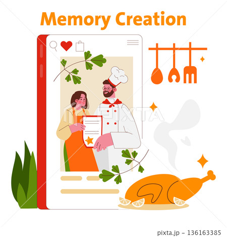 Vector illustration depicting a chef awarding a certificate to a happy person. The scene is framed by a digital interface, emphasizing memory creation in culinary success. Vector illustration depicting a chef awarding a certificate to a happy person. The scene is framed by a digital interface, emphasizing memory creation in culinary success. 136163385