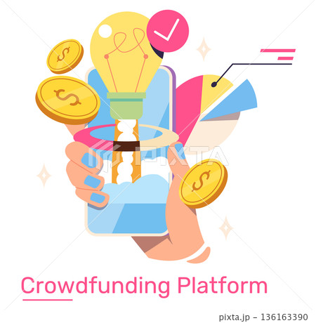 Vector illustration depicting a crowdfunding platform. A smartphone held by a hand shows a light bulb and coins, symbolizing innovation and financial support in digital fundraising. 136163390